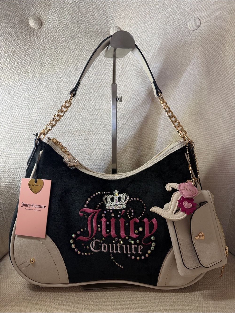 Juicy Couture Black and Cream Logo Shoulder Bag with Pink Accents